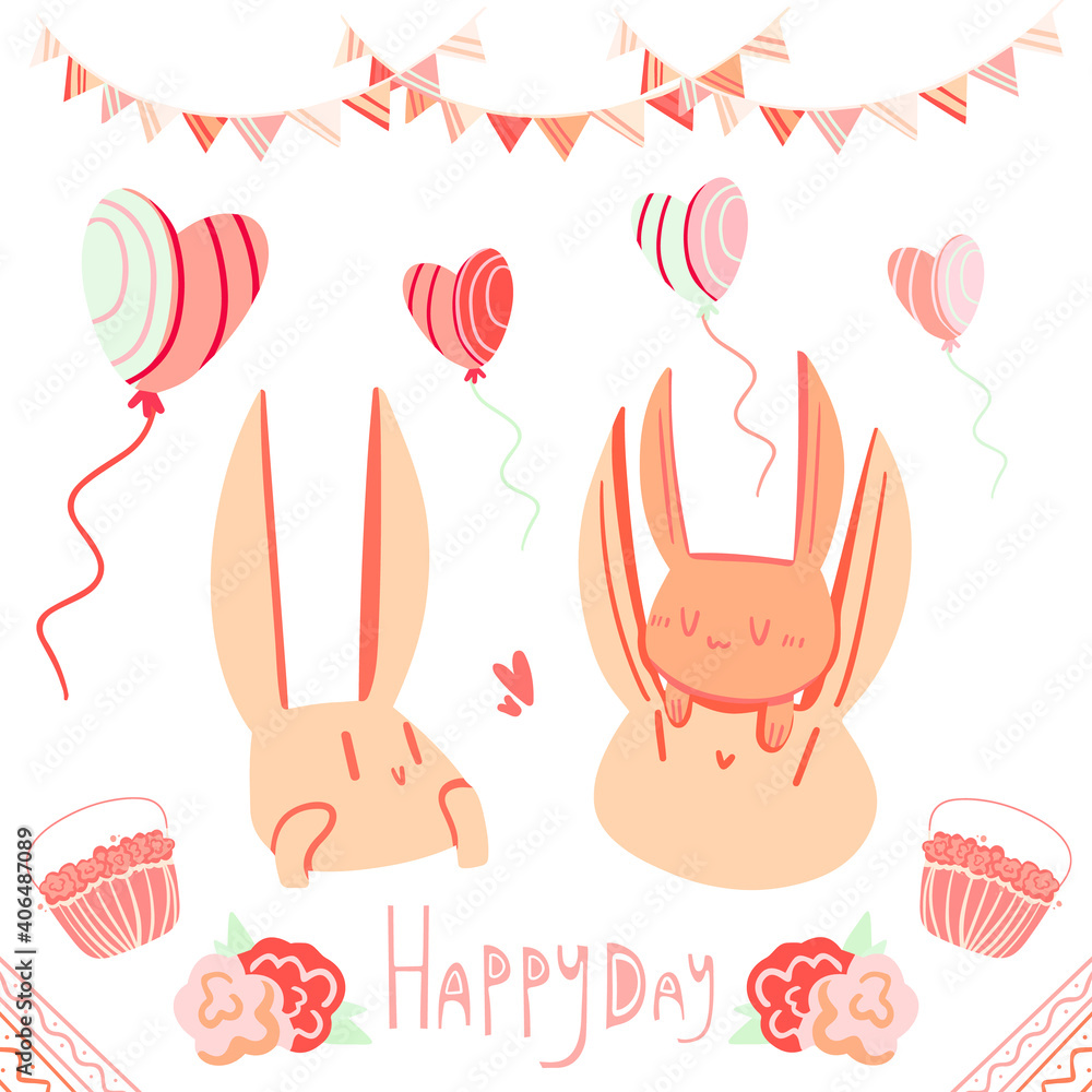 Rabbits Happy day vector. Family Day bunnies celebrate the holiday with heart balloons, paper garland and flowers. Event illustration for postcard, invitation, banner.