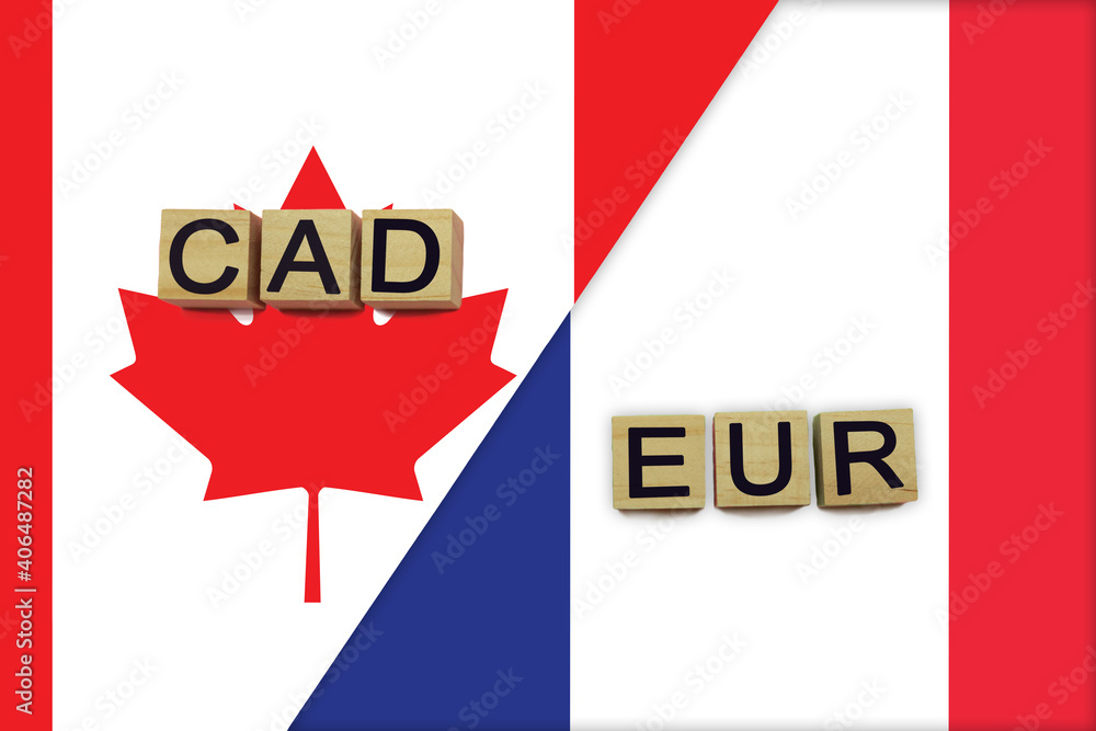 Canada and France currencies codes on national flags background Canada and France currencies codes on national flags background