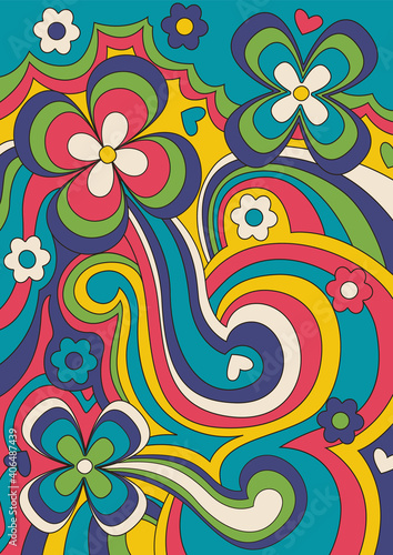 Psychedelic Floral Background, 1960s Hippie Art Style Abstract Pattern 