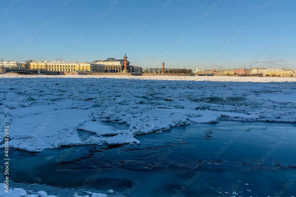 Winter cityscape with rostral columns in St. Petersburg