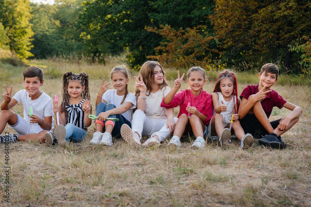 A large group of cheerful children sit on the grass in the Park and smile. Games in a children's camp