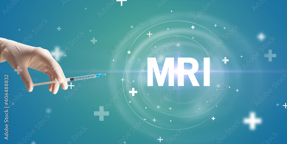 Syringe needle with virus vaccine and MRI abbreviation, antidote concept Syringe needle with virus vaccine and MRI abbreviation, antidote concept