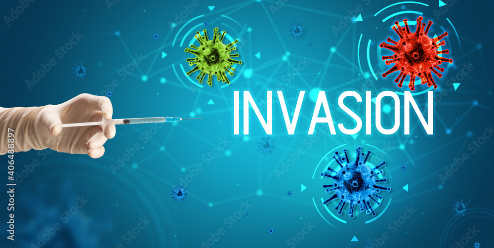 Syringe, medical injection in hand with INVASION inscription, coronavirus vaccine concept Syringe, medical injection in hand with INVASION inscription, coronavirus vaccine concept