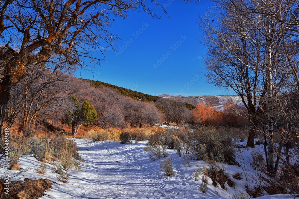 Winter snow mountain hiking trail views Yellow Fork Canyon County Park Rose Canyon by Rio Tinto Bingham Copper Mine, in winter. Salt Lake City, Utah. United States. Winter snow mountain hiking trail views Yellow Fork Canyon County Park Rose Canyon by Rio Tinto Bingham Copper Mine, in winter. Salt Lake City, Utah. United States.