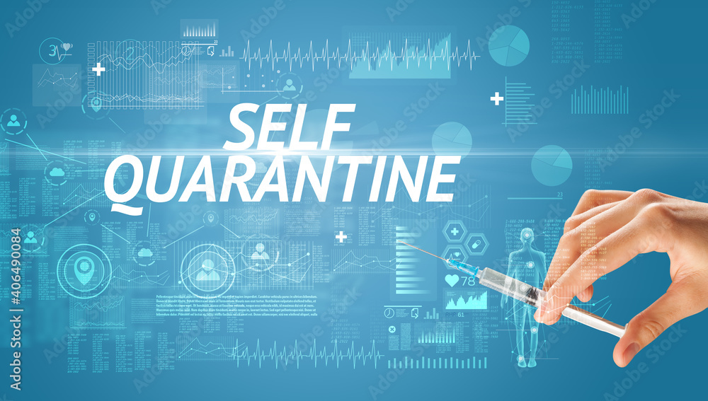 Syringe needle with virus vaccine and SELF QUARANTINE inscription, antidote concept Syringe needle with virus vaccine and SELF QUARANTINE inscription, antidote concept