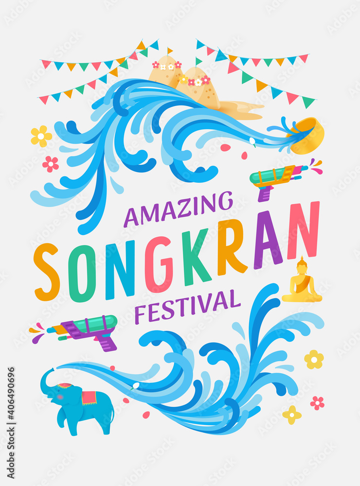 Φωτογραφία Amazing Songkran festival Thailand water splash vector illustration, Water gun and water bowl and cute elephant splashing the water celebration, Thai vintage colorful style