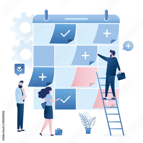 Priorities in work and schedule. Businesspeople add notes. Big timetable and tiny people. Time management, corporate teamwork concept