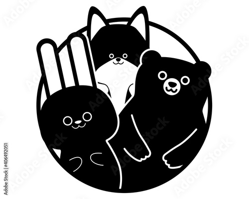 Forest animals in the black circle isolated on white background. Flat design for poster or t-shirt. Vector illustration