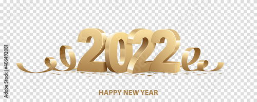 Happy New Year 2022. Golden 3D numbers with ribbons and confetti , isolated on transparent background.
