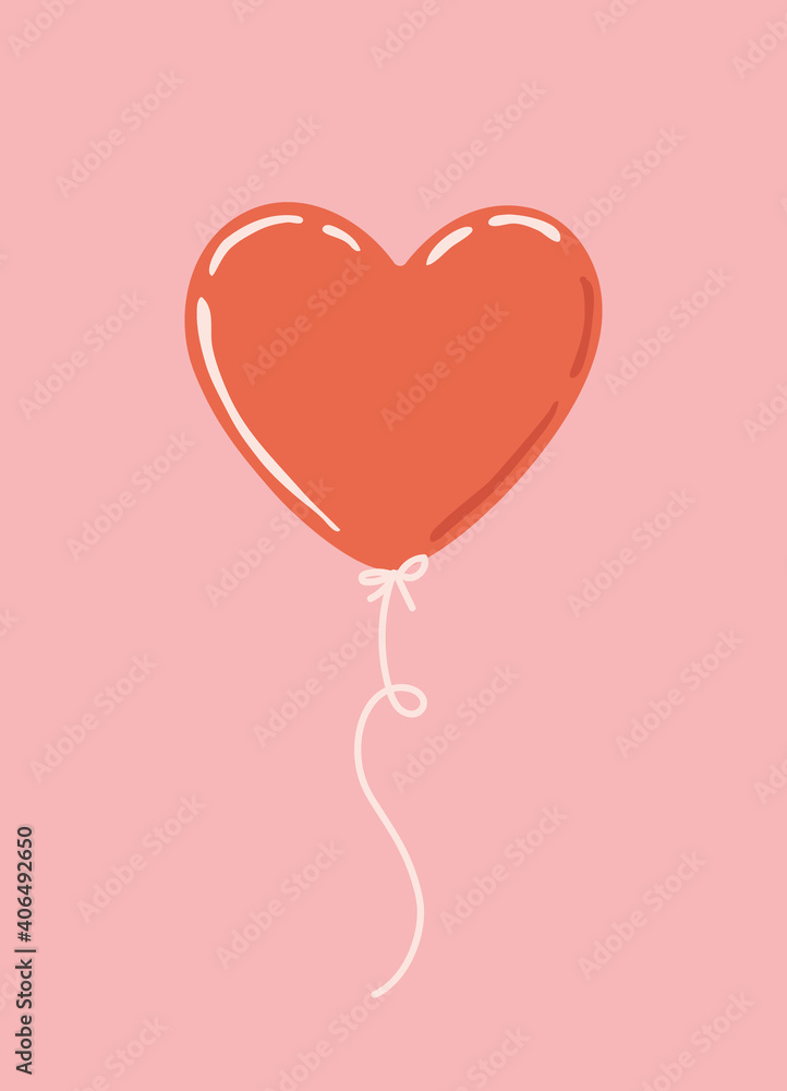 Fototapeta Cute Heart Shaped Balloon on Pink Background. Simple Hand Drawn Vector Illustration. Perfect As Wall Art, Valentines Gift Card, Poster Or Invitation.