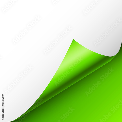 Green paper curl. Curled page corner with shadow. Blank sheet of paper. Colorful shiny foil. Design element for advertising and promotion. Vector illustration.