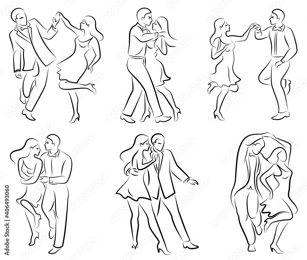 Collection. Beautiful young couple. The girl and the guy are dancing. Creative art. Graphic image. Vector illustration set.