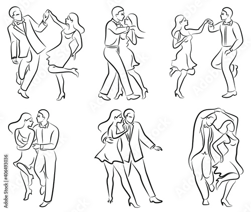 Collection. Beautiful young couple. The girl and the guy are dancing. Creative art. Graphic image. Vector illustration set.