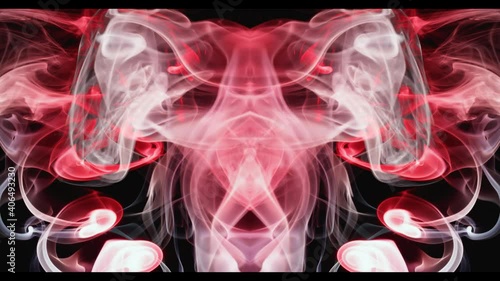 Psychedelic fantasies of colored smoke. Psychodiagnostic test - symmetrical color blot. Axial slice of a magnetic resonance imager of a fantastic creature in dynamics. photo