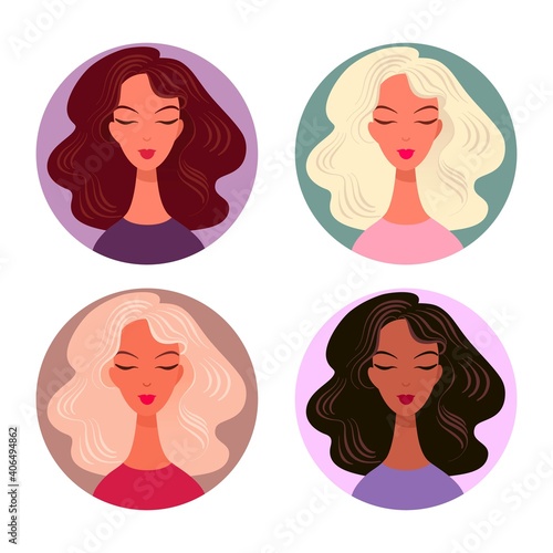 Female avatars with stylish hairstyle vector icons. Smiling faces brunettes and blondes with luxurious curly hair.