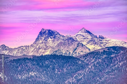 mountain peaks with pink sky