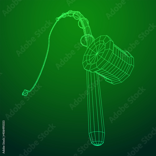 Fishing rod with line sinker and hook. Wireframe low poly mesh vector illustration.