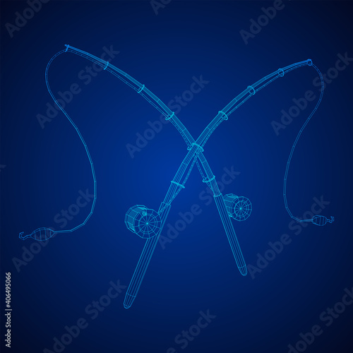 Fishing rod with line sinker and hook. Wireframe low poly mesh vector illustration.