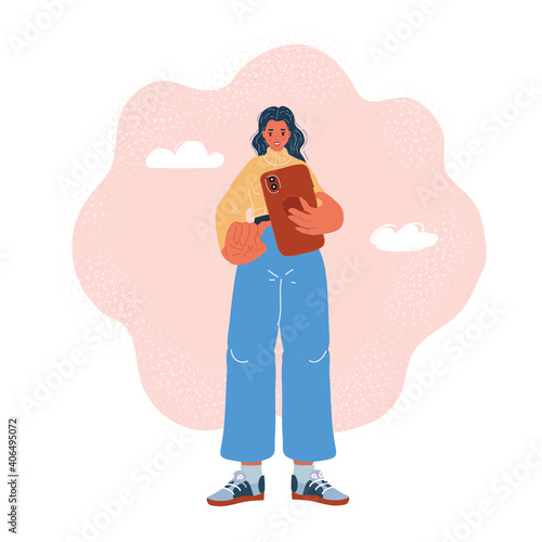 Vector illustration of smartphone addiction. Woman use her phone maybe take photos