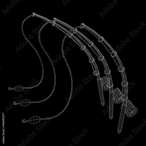 Fishing rod with line sinker and hook. Wireframe low poly mesh vector illustration.