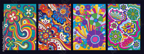 Psychedelic Color Abstract Floral Backgrounds, 1960s Hippie Art Style Set
