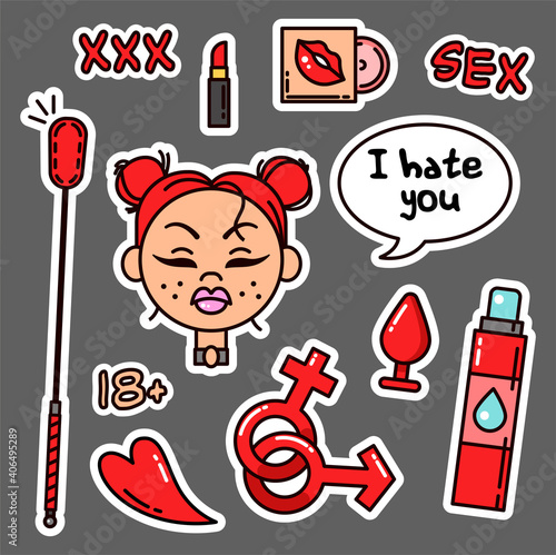 Vector sex shop toys, flat icons and accessories for adult shops. Exotic items, sexy female shapes and lips, lettering, suitable for sex shop sites, Valentine's Day cards. Set of vector images