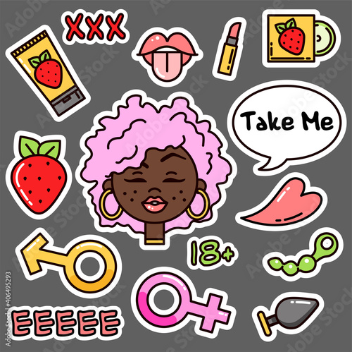 Vector sex shop toys, flat icons and accessories for adult shops. Exotic items, sexy female shapes and lips, lettering, suitable for sex shop sites, Valentine's Day cards. Set of vector images