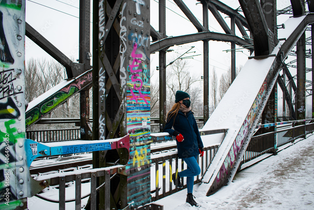Woman, bridge, snow, iron, graffiti, urban