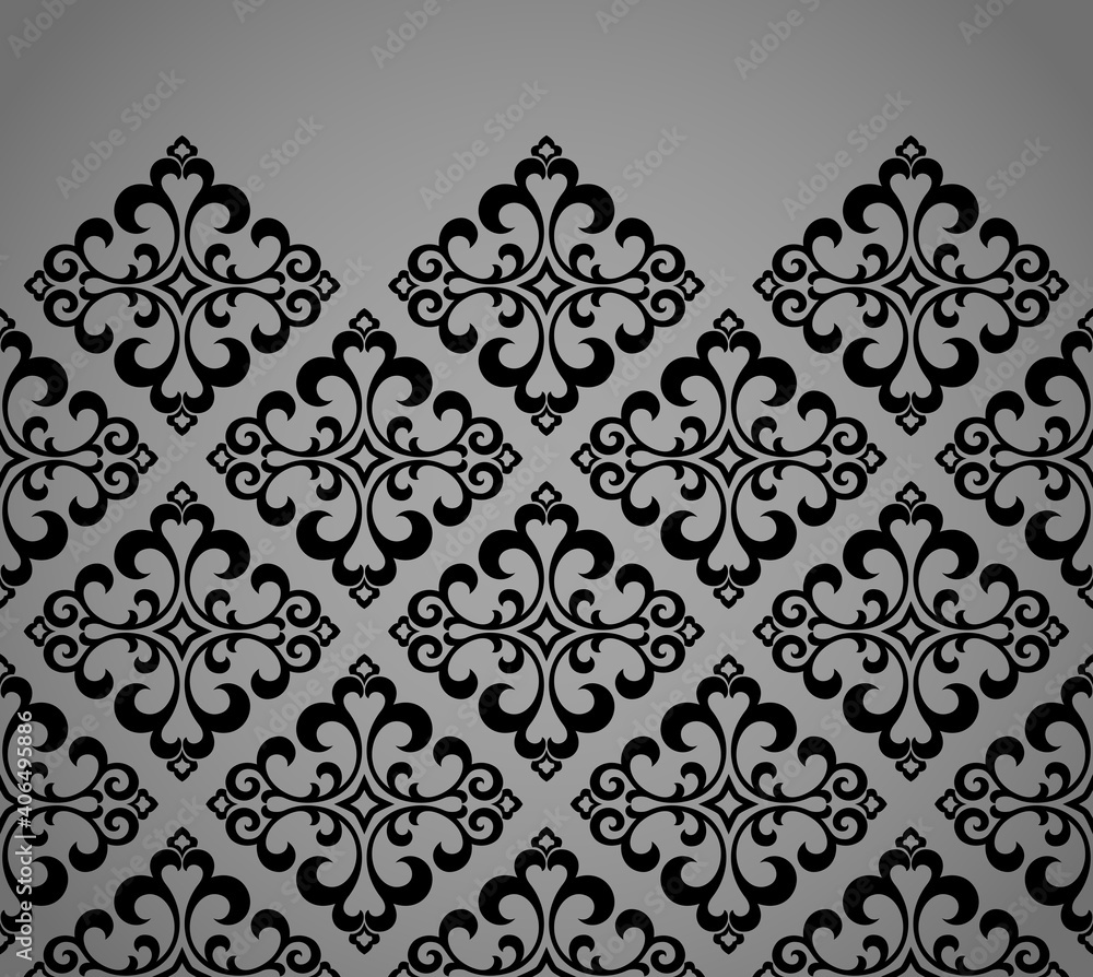 Wallpaper in the style of Baroque. Modern vector background. Black and gray floral ornament. Graphic pattern for fabric, wallpaper, packaging. Ornate Damask flower ornament Wallpaper in the style of Baroque. Modern vector background. Black and gray floral ornament. Graphic pattern for fabric, wallpaper, packaging. Ornate Damask flower ornament