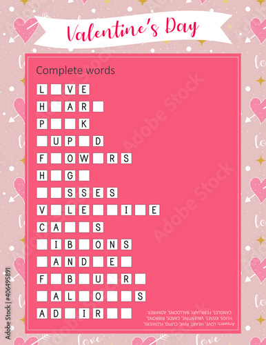 Valentine's Day complete words. Educational game for children about holiday. Printable worksheet about love for adults and children. 