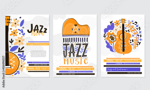 Jazz festival poster template. Lettering and floral decoration