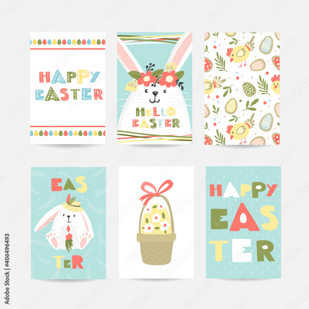 Set of six Easter cards with cookie eggs, flowers, cute rabbits