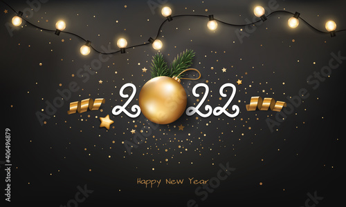 Happy New Year 2022 background with Christmas light and decoration.