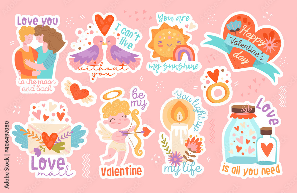 Set of eight different Valentines Day stickers