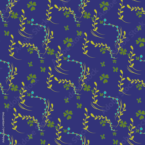 Childrens texture. Small flowers. Seamless floral pattern of flowers and branches with leaves on a blue background. Delicate shades.