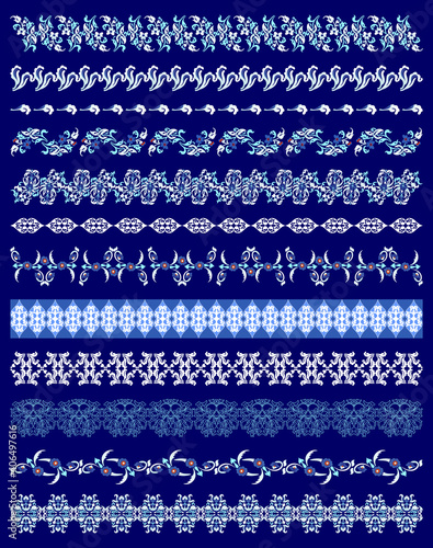 Set 12 of vector seamless ornamental borders of floral arabian national Islamic ornament in lapis blue and white colors.
