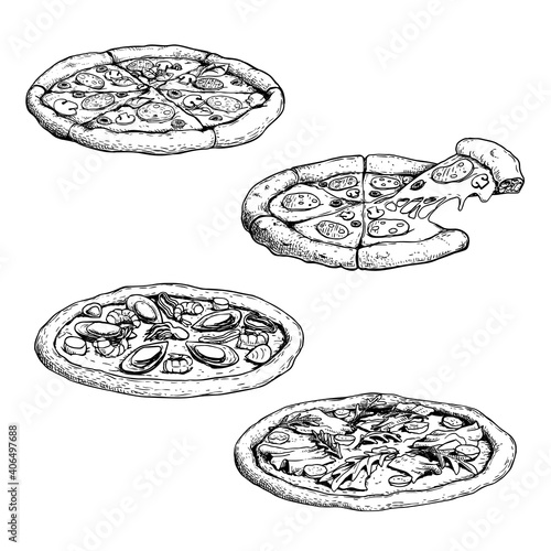 Hand drawn sketch pizza set. Different types of traditional Italian food. With salami, prosciutto, seafood, vegetables. Best for menu designs, take away and delivery packages. Vector illustrations.