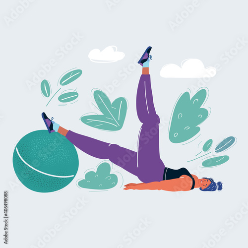 Vector illustration of woman doing exersice with ball on white background.