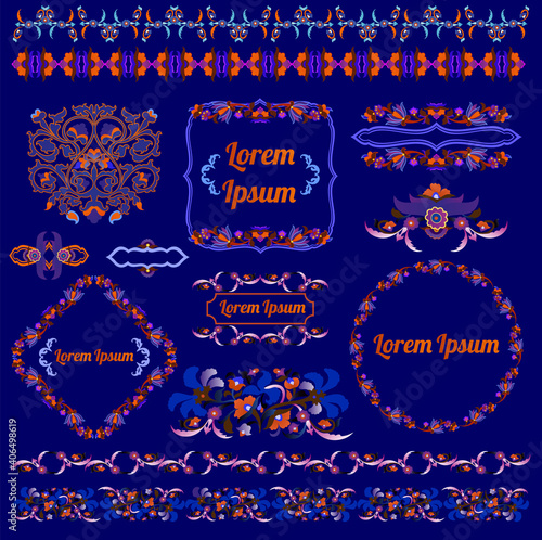 Set of colorful vector borders, dividers and frames of floral Arabian or Turkish national Islamic ornaments.