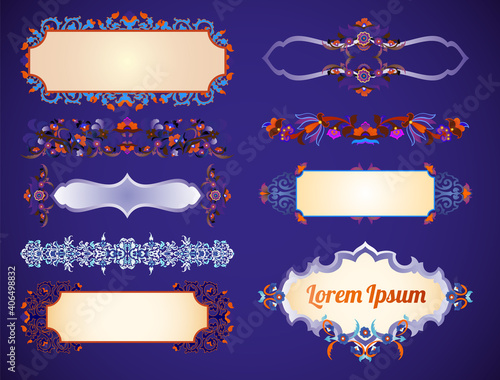 Set of colorful vector vignettes, frames, borders, dividers of floral Arabian or MIddle Asian national Islamic ornament.