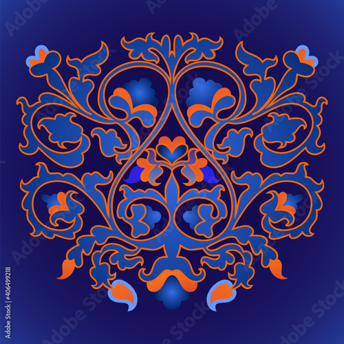 Vector floral Islamic Kazakh, Uzbek ornamental composition in lapis blue and orange colors for custom textile design.