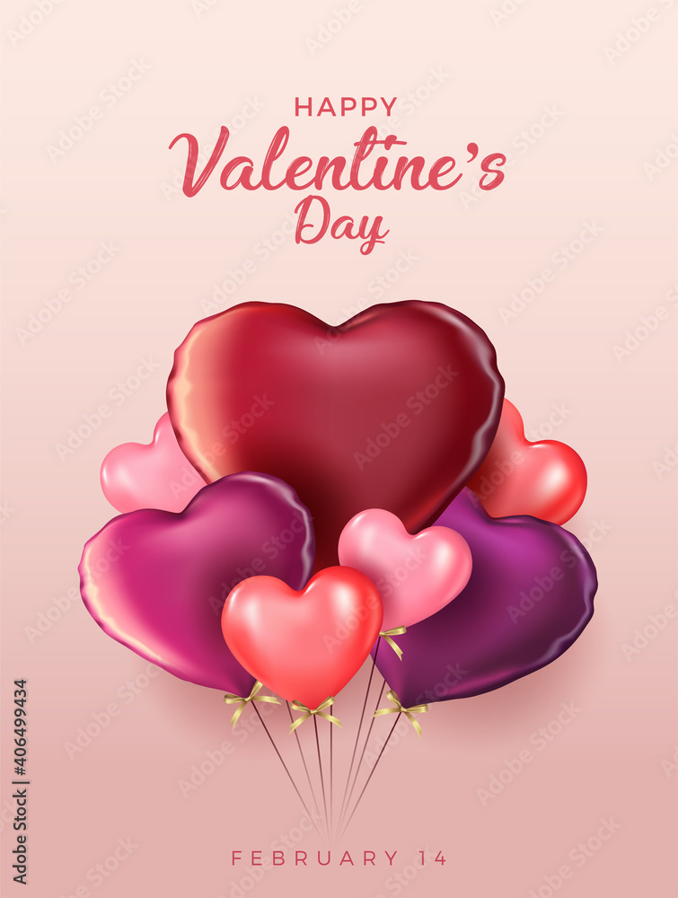 Happy valentines day vector banner greeting card with valentine elements like gift and hearts design in pink background. Gold metallic text Love, realistic pink and gold balloons. Vector Illustration