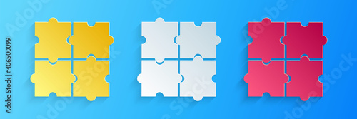 Paper cut Piece of puzzle icon isolated on blue background. Business, marketing, finance, template, layout, infographics, internet concept. Paper art style. Vector.