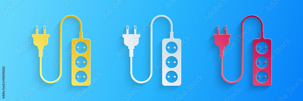 Paper cut Electric extension cord icon isolated on blue background. Power plug socket. Paper art style. Vector.