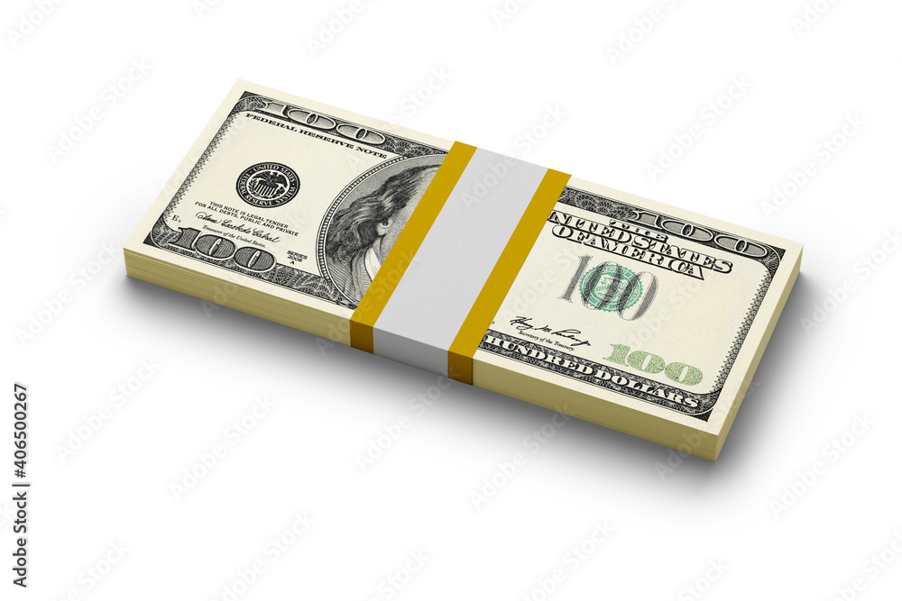100 USA dollar bills bundle isolated on white. 3D rendering illustration. 100 USA dollar bills bundle isolated on white. 3D rendering illustration.