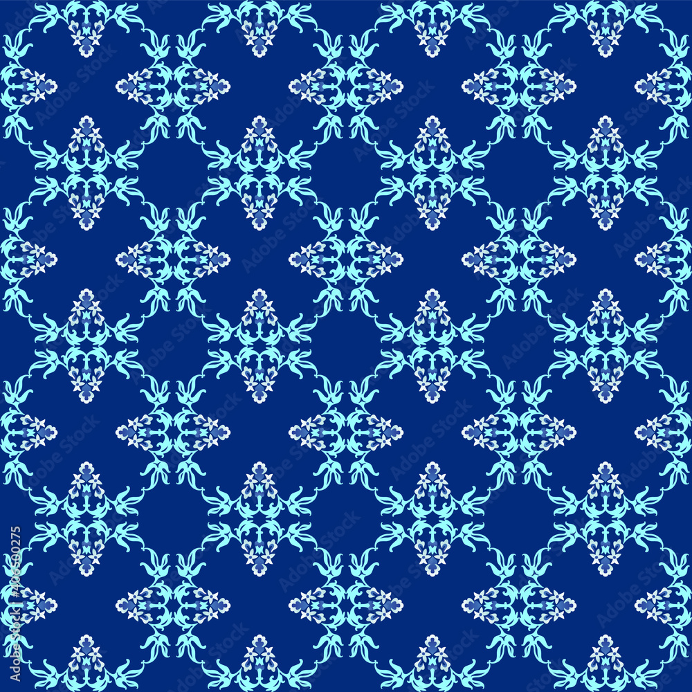 Seamless vector floral pattern,  ornate Arabian style vintage ornaments in blue and white colors, simple and elegant  background for custom print and design.