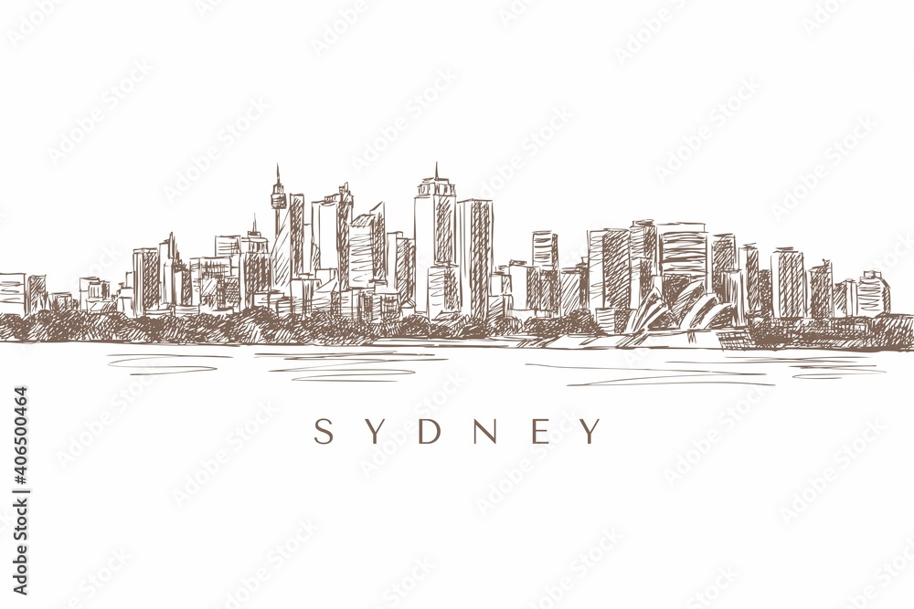 Sketch of a Sydney panorama with skyscrapers, Sydney, Australia, hand-drawn.