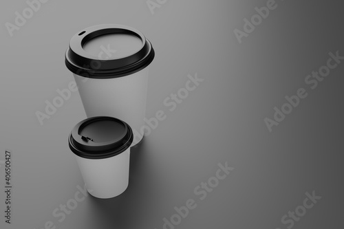 Two blank white coffee paper cups on gray background. 3d rendering.