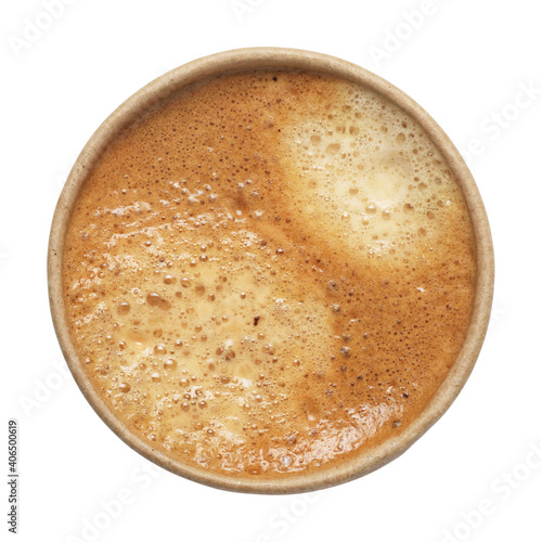 Full brown paper coffee cup isolated on white. Top view.