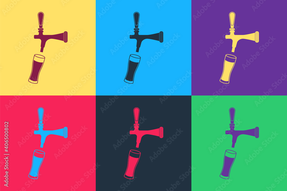 Pop art Beer tap with glass icon isolated on color background. Vector. Pop art Beer tap with glass icon isolated on color background. Vector.